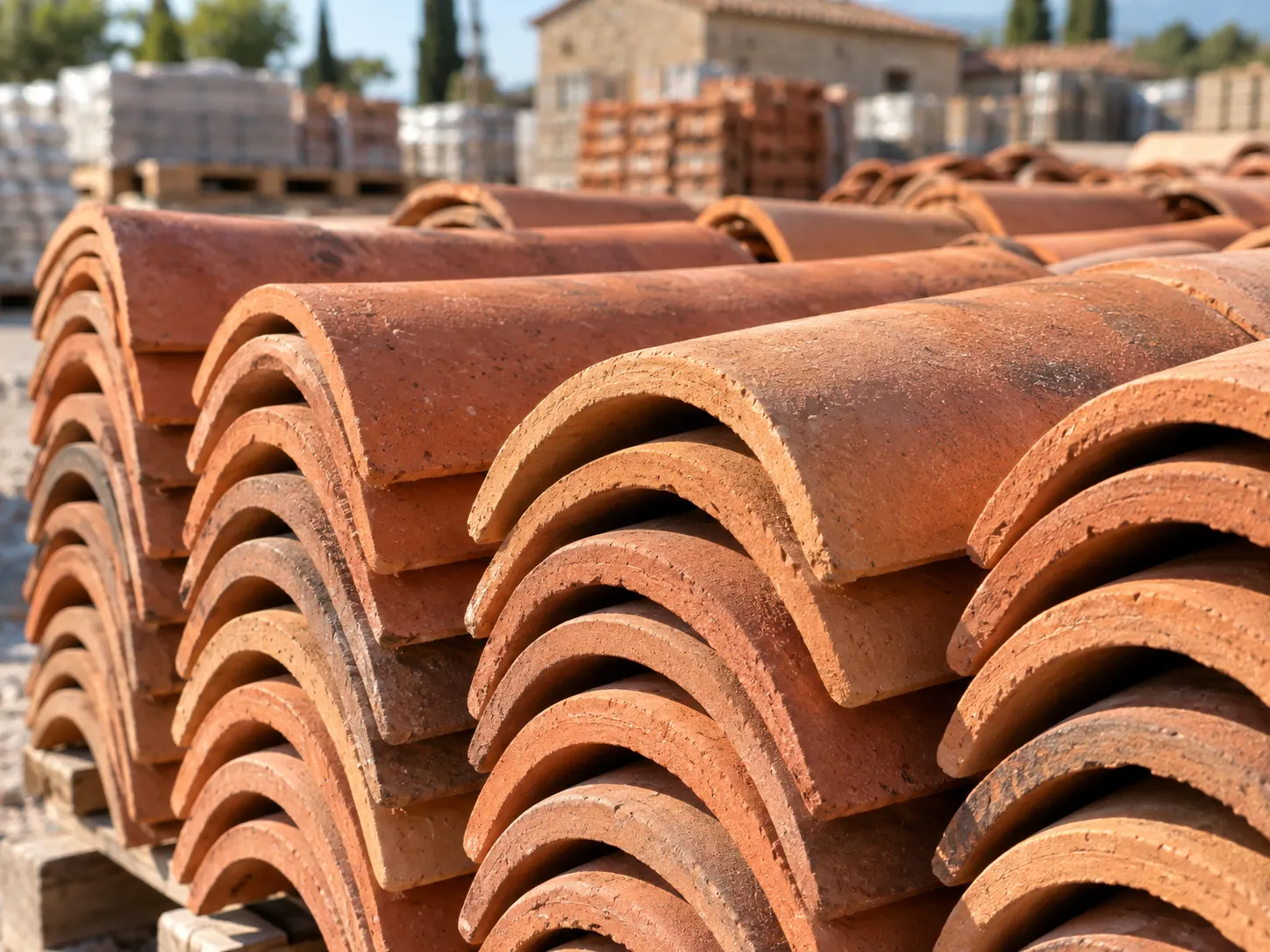 Teja y material de cubierta apilado en el almacén de XAIXO