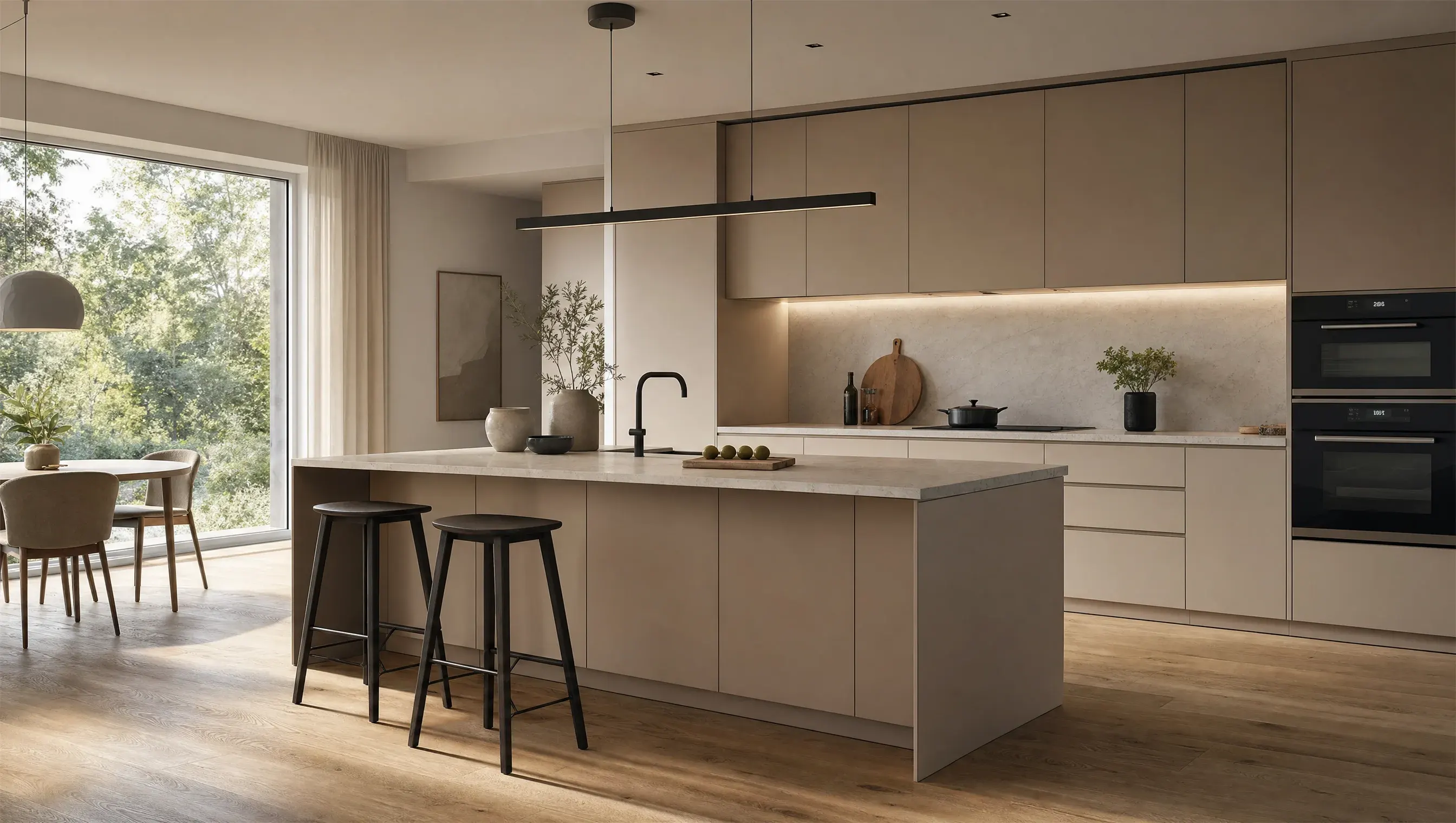 Cocina de exposición en el showroom de Xaixo Home, con isla, mobiliario en tono topo y electrodomésticos integrados